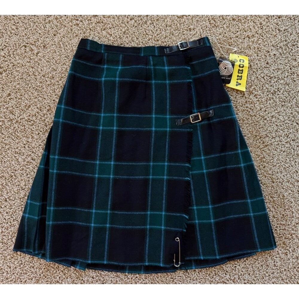 Vintage Cobra Kilt Pure New Wool Kilt Skirt Midi Blue Plaid Size 26 NWT Ireland